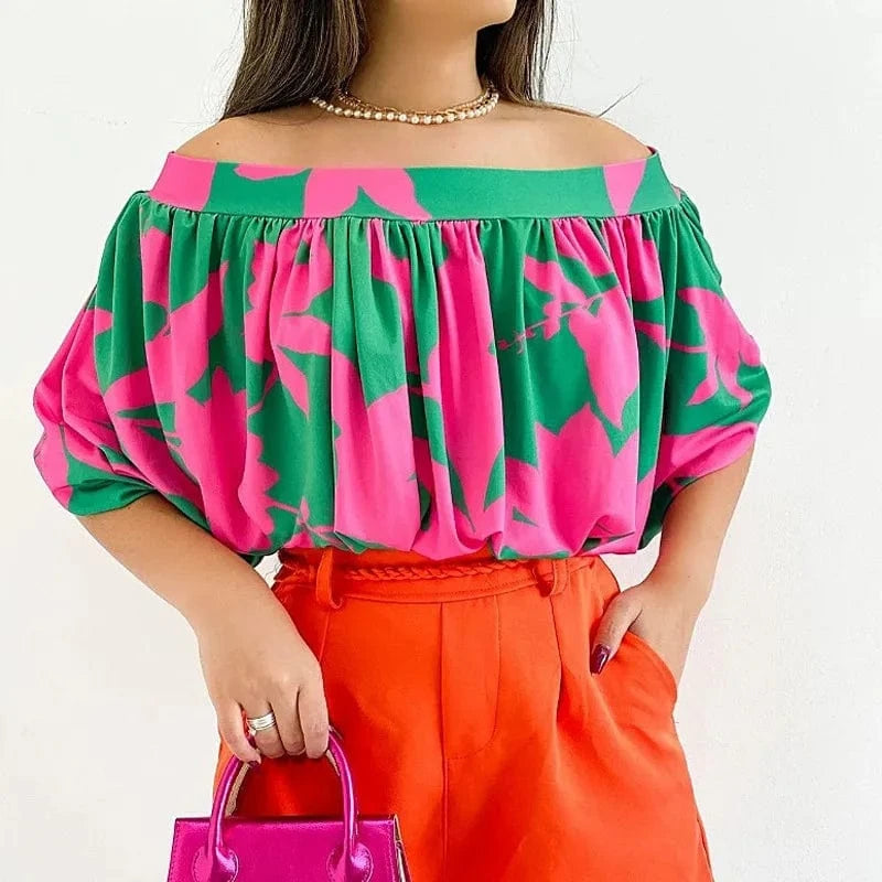 Lady Sexy Off Shoulder Bat Sleeve Print Shirt  Women Casual Loose Pleated 2023 Office Elegant Top Blouse