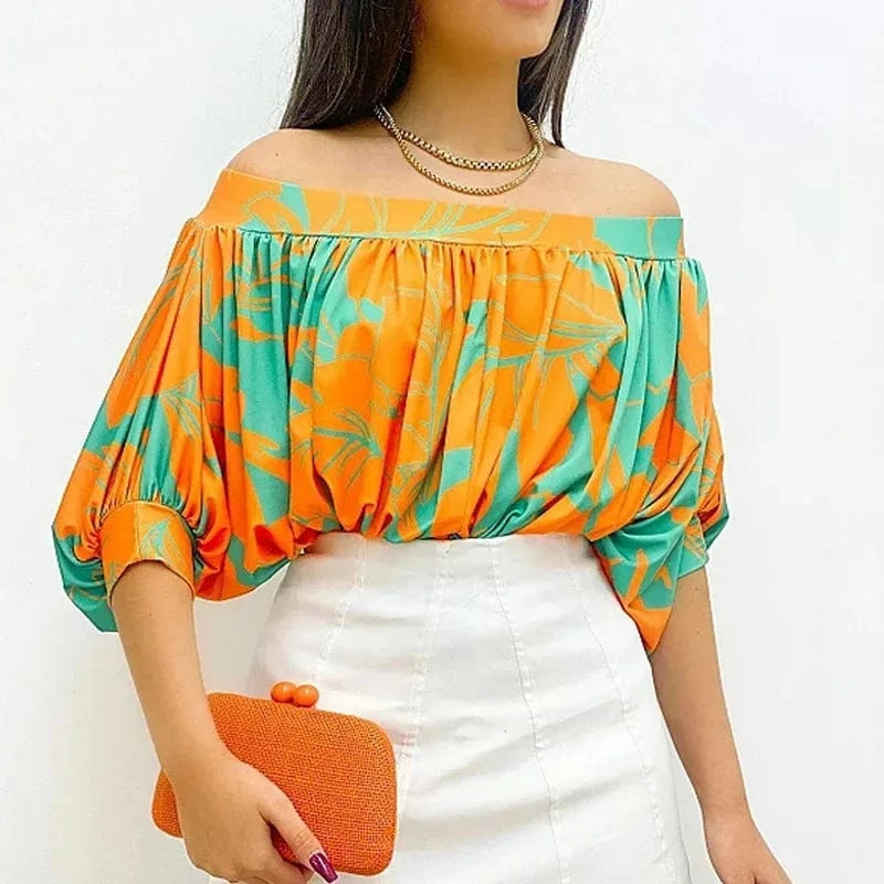 Lady Sexy Off Shoulder Bat Sleeve Print Shirt  Women Casual Loose Pleated 2023 Office Elegant Top Blouse