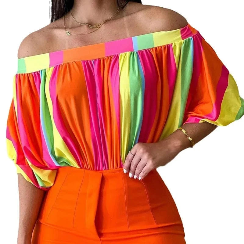 Lady Sexy Off Shoulder Bat Sleeve Print Shirt  Women Casual Loose Pleated 2023 Office Elegant Top Blouse