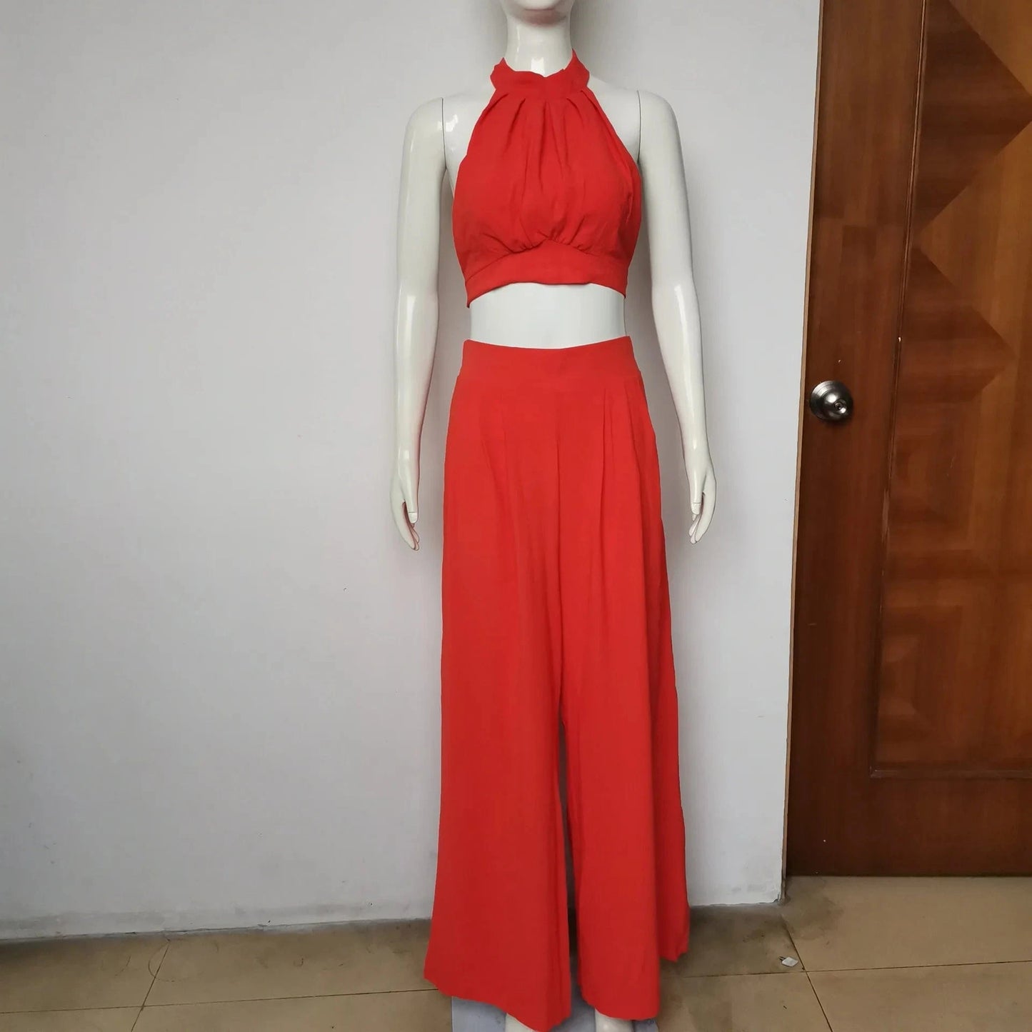 Lady Solid Two Piece Long Pant Suits Women 2023 Summer Halter Crop Top And High Waist Draped Wide Leg Pant Sets