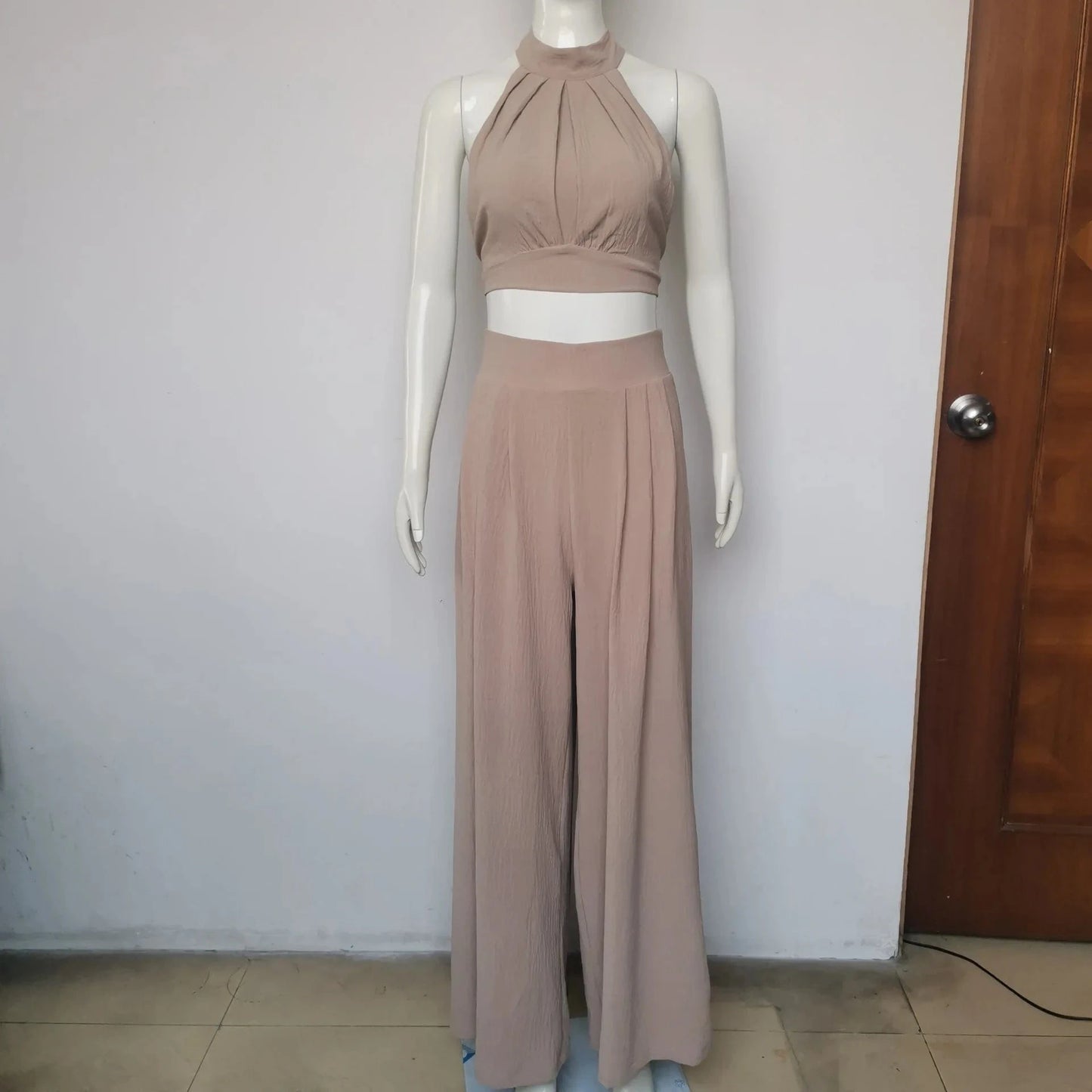 Lady Solid Two Piece Long Pant Suits Women 2023 Summer Halter Crop Top And High Waist Draped Wide Leg Pant Sets