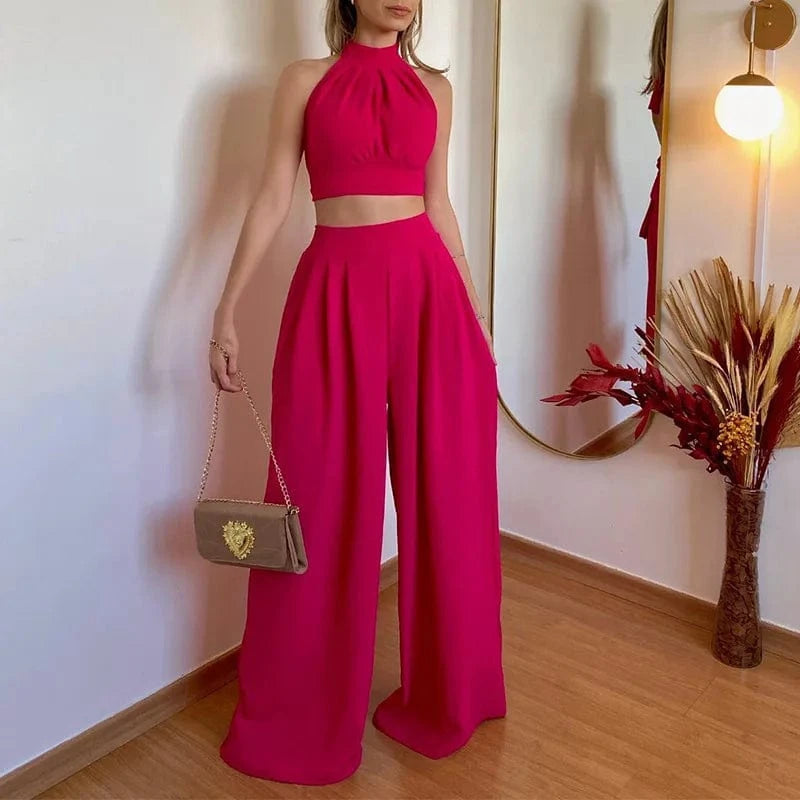Lady Solid Two Piece Long Pant Suits Women 2023 Summer Halter Crop Top And High Waist Draped Wide Leg Pant Sets
