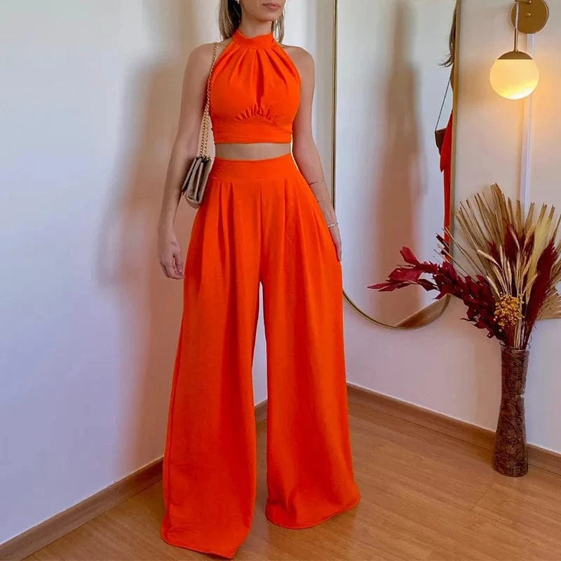 Lady Solid Two Piece Long Pant Suits Women 2023 Summer Halter Crop Top And High Waist Draped Wide Leg Pant Sets