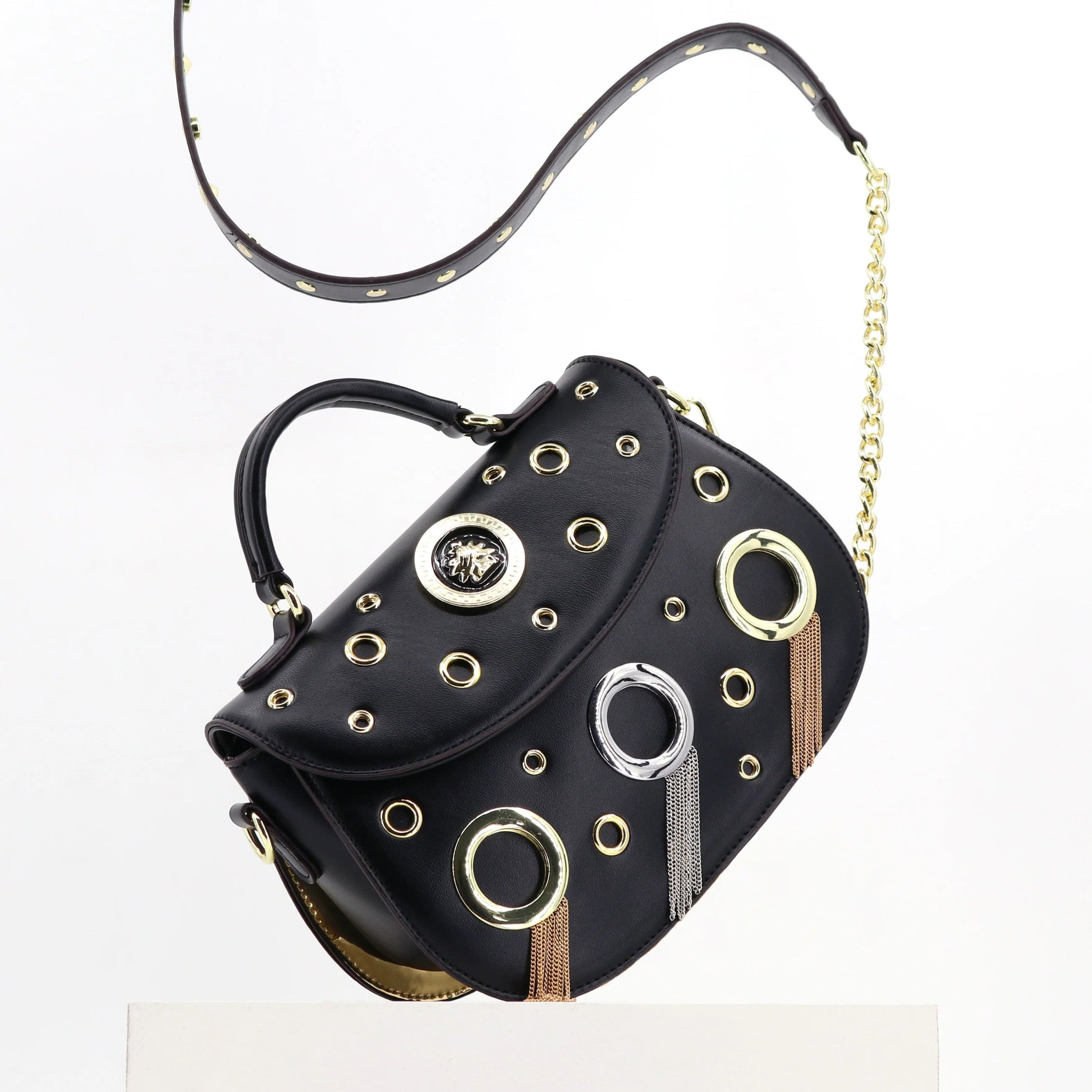 ladysky handbags for women tassel and rivet saddle bag for girls punk crossbody ladies bag quality chain shoulder bags 26cm