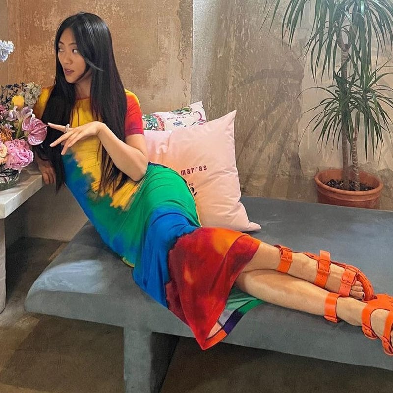 Lagerfe 3318 O Neck Short Sleeve Tie Dye Print Multicolor Elegant Women'S Dresses Summer Autumn Casual Dresses Dropshipping