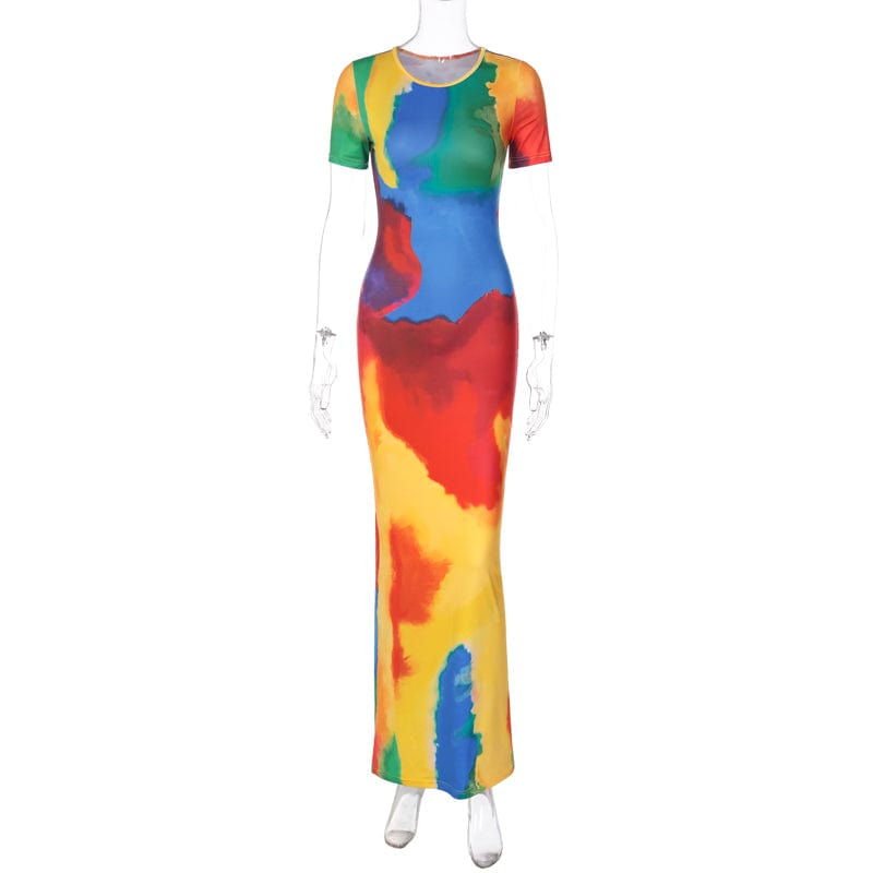 Lagerfe 3318 O Neck Short Sleeve Tie Dye Print Multicolor Elegant Women'S Dresses Summer Autumn Casual Dresses Dropshipping