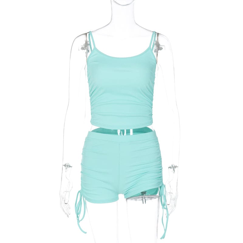 Lagerfe 3320 Solid Slim Ruched Camis Crop Top Shirred Shorts Pants Basic Women'S Sets 2023 Workout Casual Sportsuits Gym Clothes