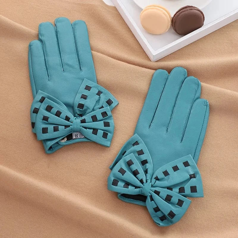 Lake blue Fashion girls touchscreen bow leather yellow sheepskin gloves
