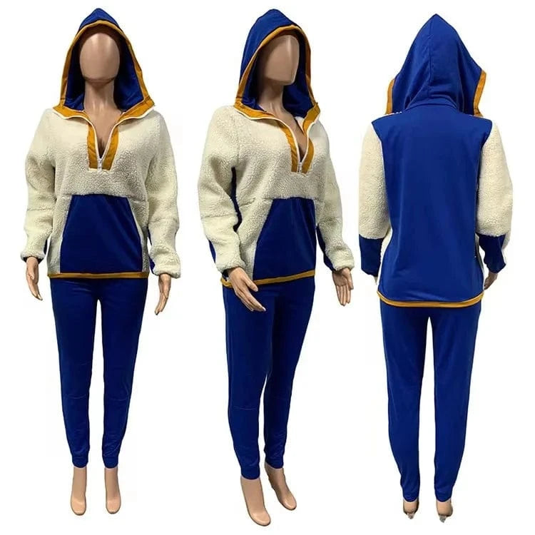 Lamb Hair Sweater Two Piece Set Women Clothing Hooded Patchwork 2 Piece Pants Set for Ladies