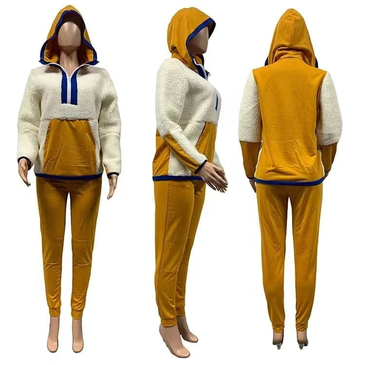 Lamb Hair Sweater Two Piece Set Women Clothing Hooded Patchwork 2 Piece Pants Set for Ladies