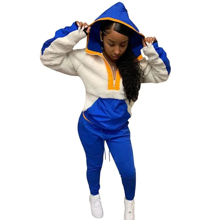 Lamb Hair Sweater Two Piece Set Women Clothing Hooded Patchwork 2 Piece Pants Set for Ladies