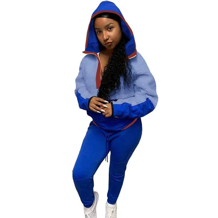 Lamb Hair Sweater Two Piece Set Women Clothing Hooded Patchwork 2 Piece Pants Set for Ladies