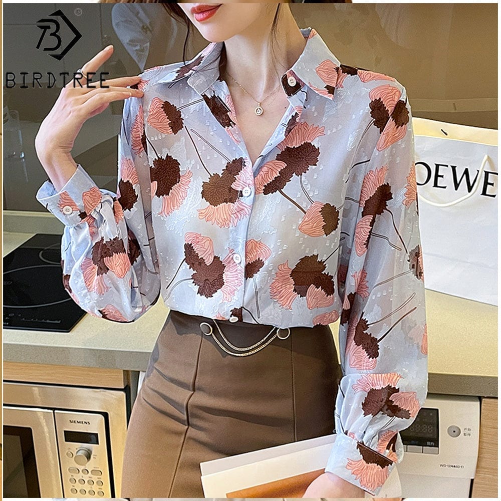 Lantern Long Sleeves Women Printing Shirt 2022 Autumn New Style Long Sleeves Female Loose Chiffon Blouses Tops T27612X