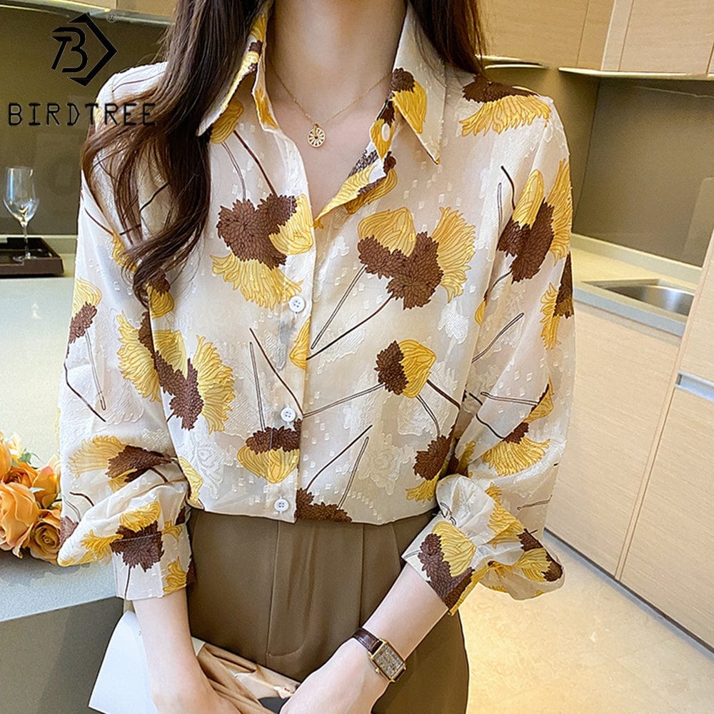 Lantern Long Sleeves Women Printing Shirt 2022 Autumn New Style Long Sleeves Female Loose Chiffon Blouses Tops T27612X