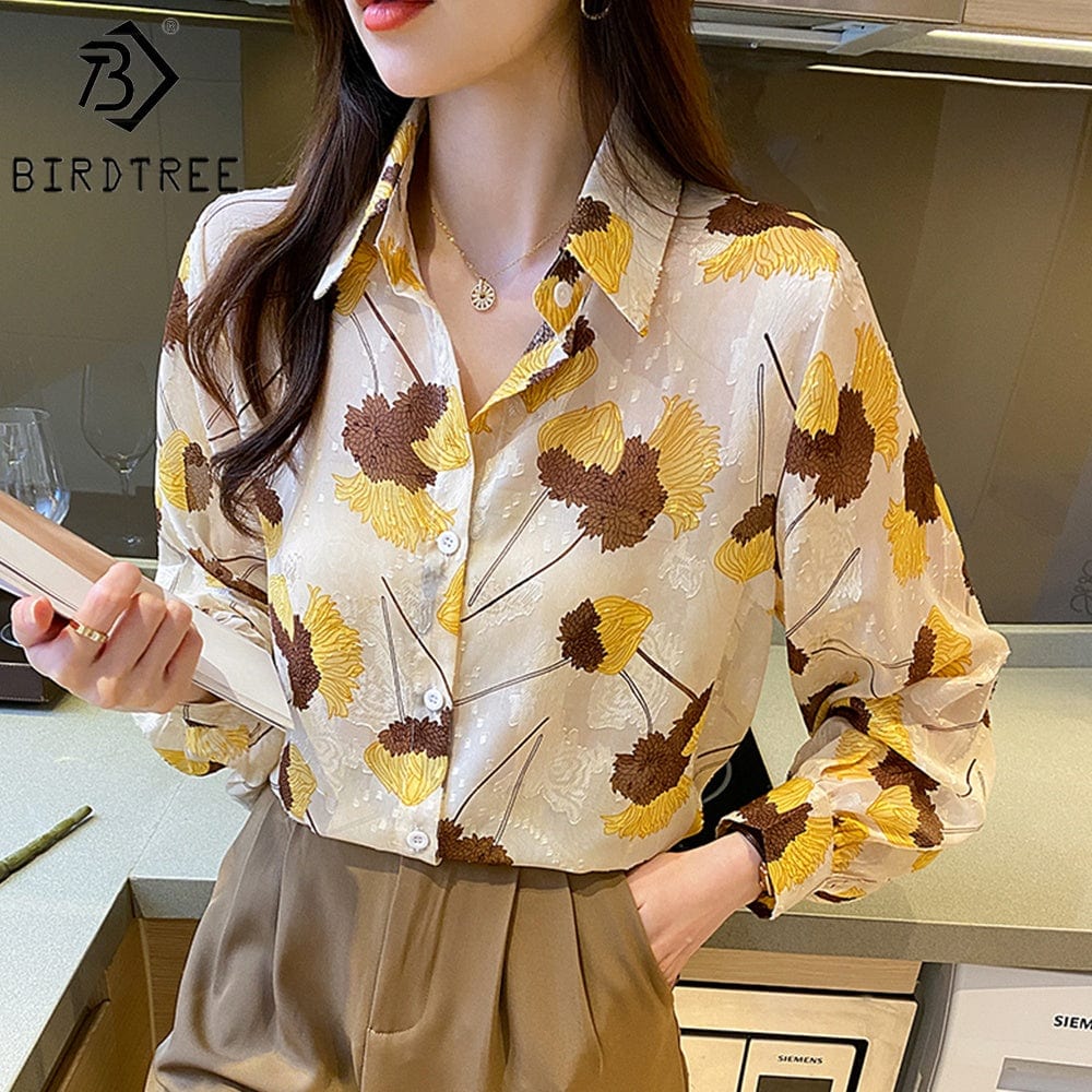 Lantern Long Sleeves Women Printing Shirt 2022 Autumn New Style Long Sleeves Female Loose Chiffon Blouses Tops T27612X