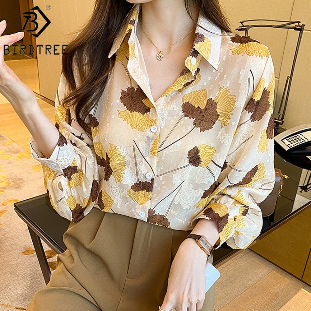 Lantern Long Sleeves Women Printing Shirt 2022 Autumn New Style Long Sleeves Female Loose Chiffon Blouses Tops T27612X