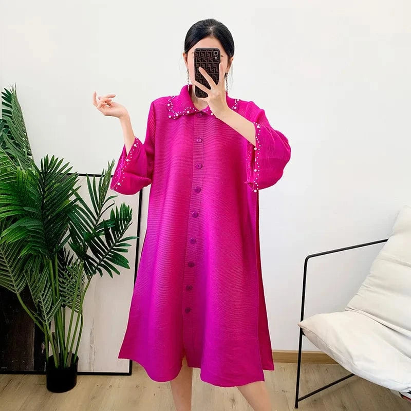 Lapel Korean Style Lily Pleated Trench Coat 2024 Spring New Pink Loose Large Pleated Mid-length Coat