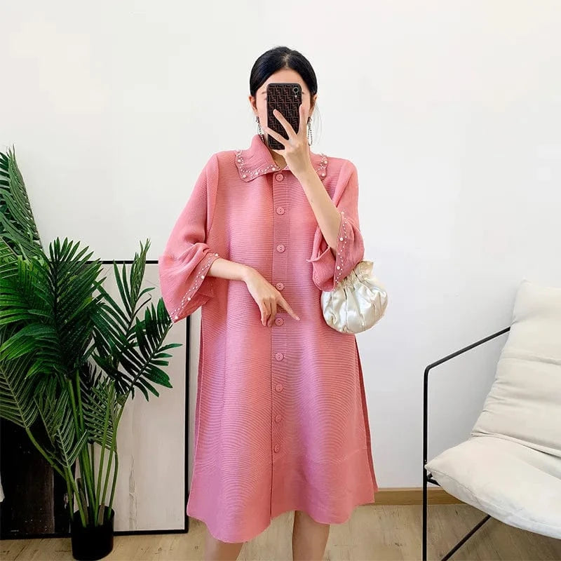 Lapel Korean Style Lily Pleated Trench Coat 2024 Spring New Pink Loose Large Pleated Mid-length Coat