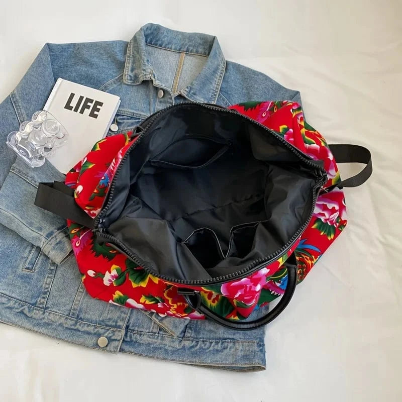 Large Capacity Shoulder Weekender Bag Trendy Ethnic Style Flower Pattern Travel Duffel Bag