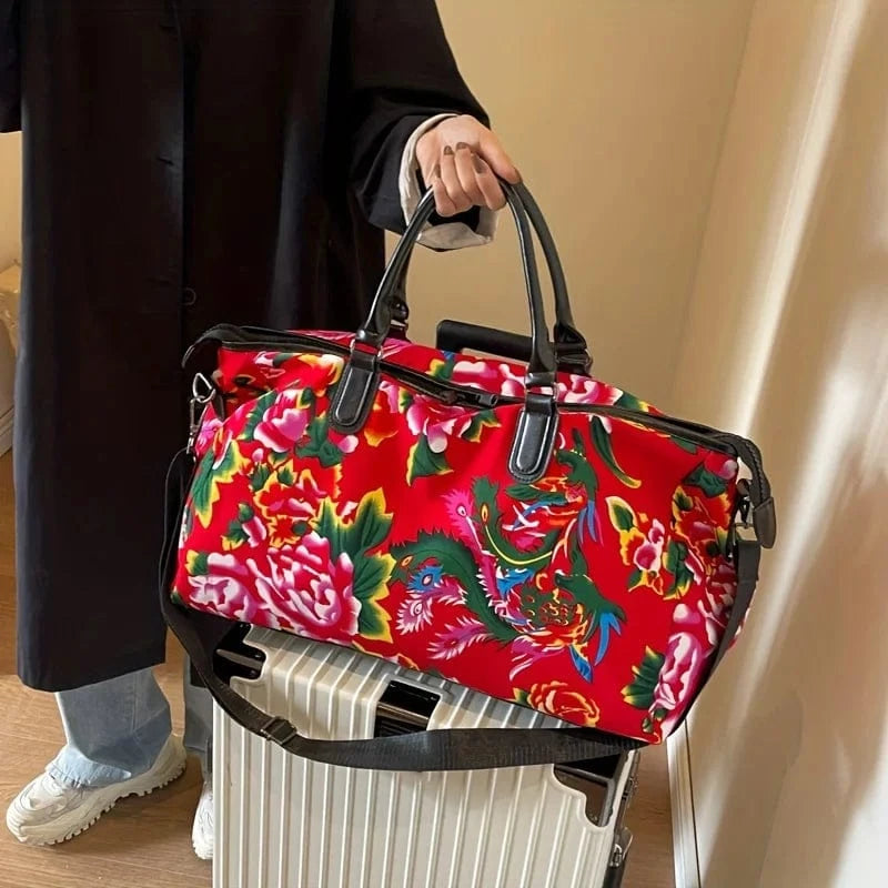 Large Capacity Shoulder Weekender Bag Trendy Ethnic Style Flower Pattern Travel Duffel Bag
