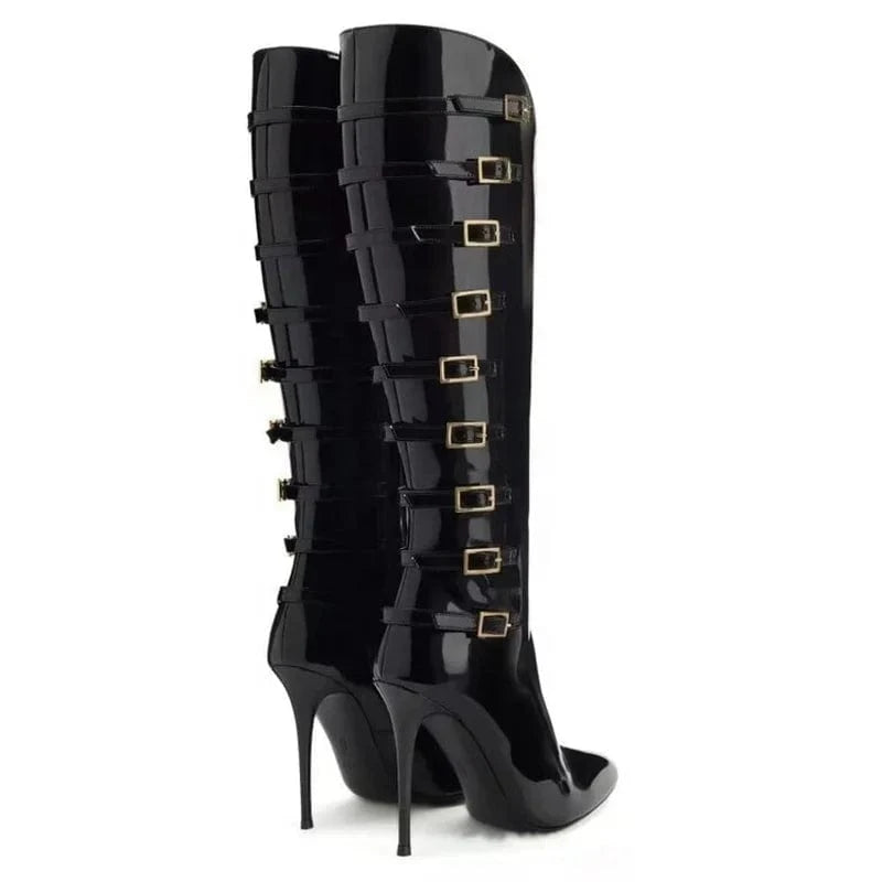 Large Size 46 Metal Buckles Slim Heels Shoes Women Pointed Toe  Patent Long Booty Side Zipper Sexy Knee High Boots