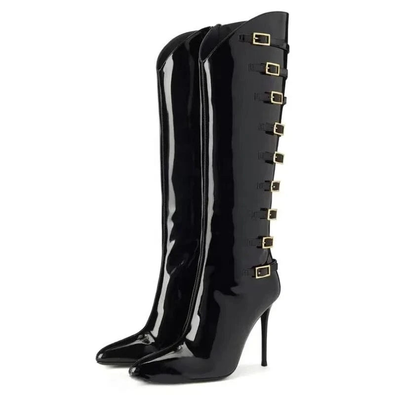 Large Size 46 Metal Buckles Slim Heels Shoes Women Pointed Toe  Patent Long Booty Side Zipper Sexy Knee High Boots