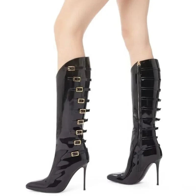 Large Size 46 Metal Buckles Slim Heels Shoes Women Pointed Toe  Patent Long Booty Side Zipper Sexy Knee High Boots