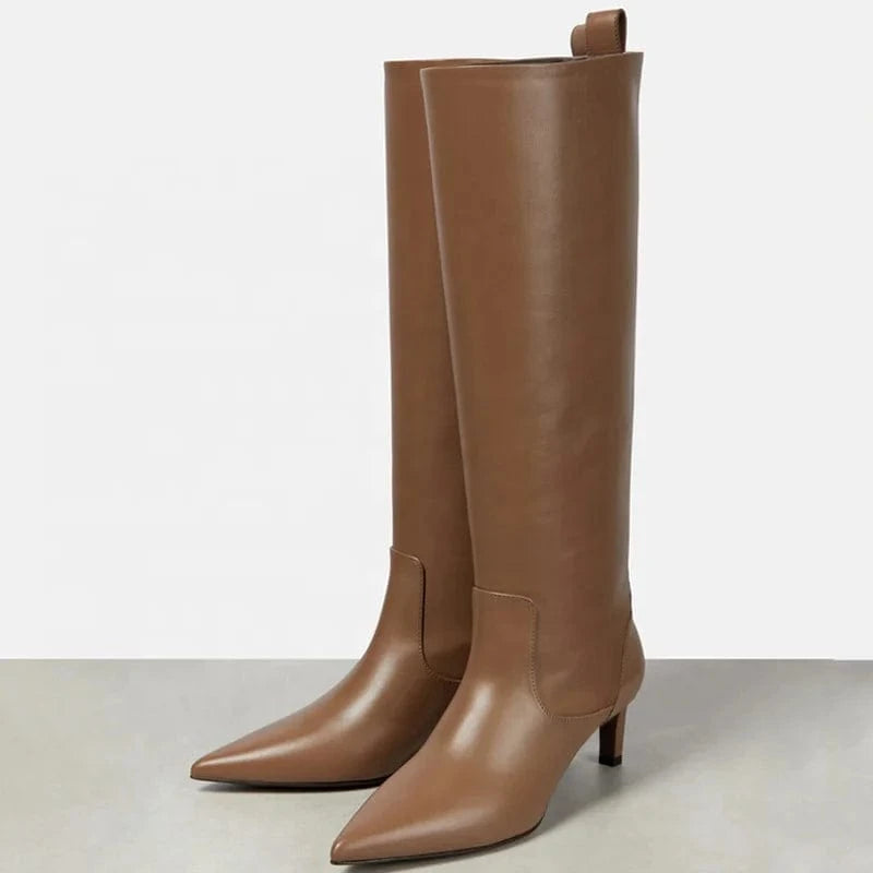Large Size 46 Solid Wide Fit Women's Knee High Boots Ladies Low Heels Shoes Pointed toe Slip on Long Booties
