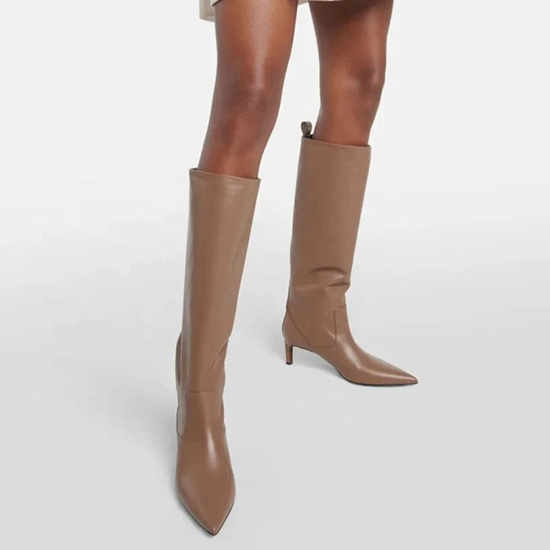 Large Size 46 Solid Wide Fit Women's Knee High Boots Ladies Low Heels Shoes Pointed toe Slip on Long Booties