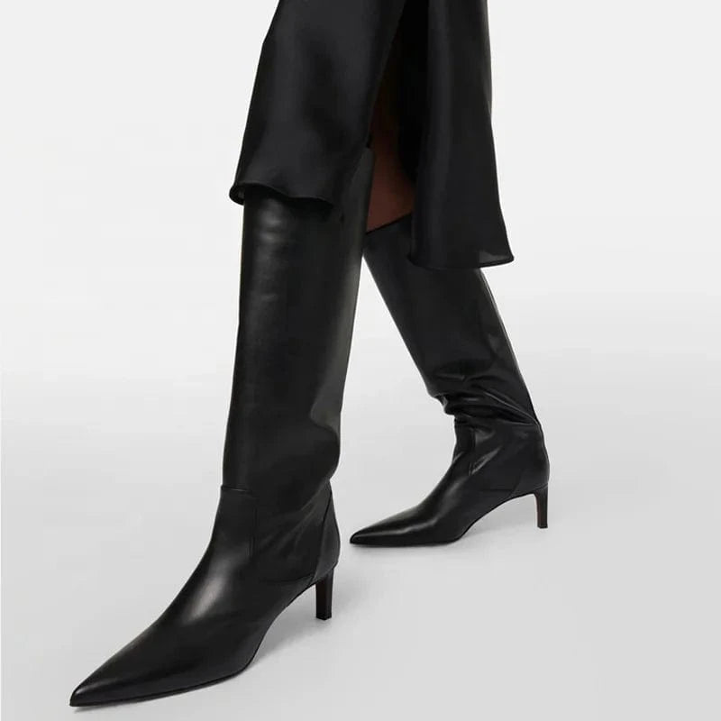 Large Size 46 Solid Wide Fit Women's Knee High Boots Ladies Low Heels Shoes Pointed toe Slip on Long Booties