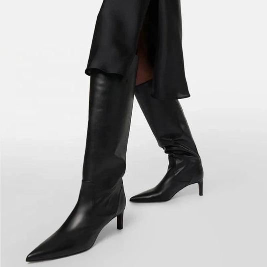 Large Size 46 Solid Wide Fit Women's Knee High Boots Ladies Low Heels Shoes Pointed toe Slip on Long Booties