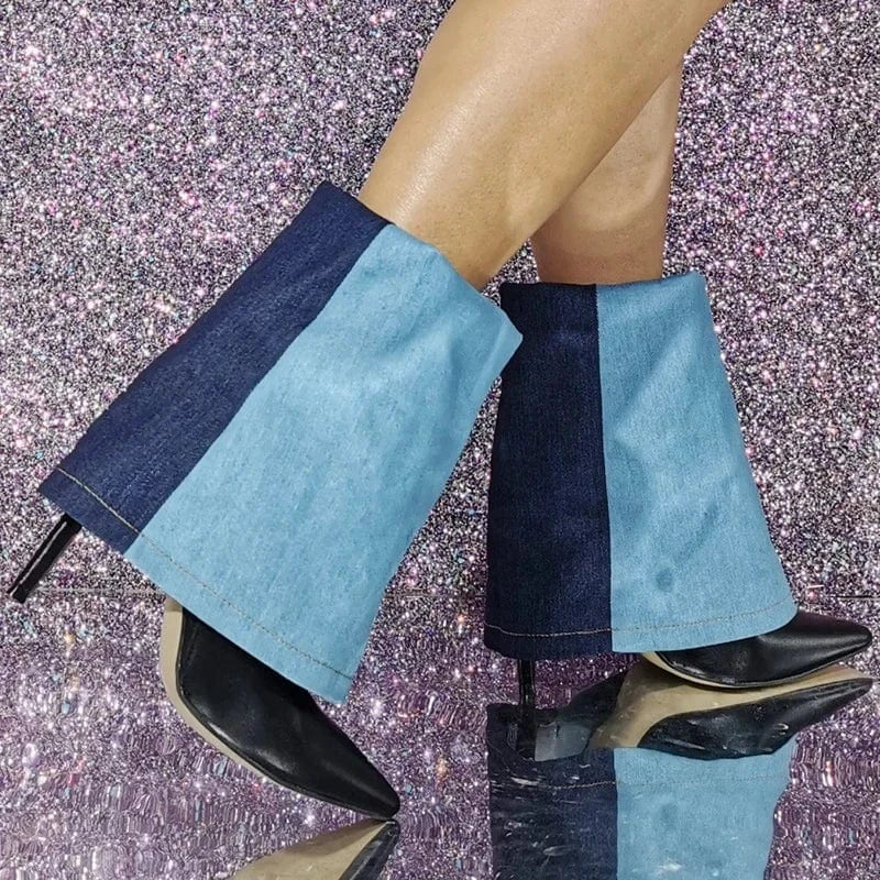 Large Size 47 Denim Patchwork Folded Short Boots Thin High Heels Pointed Toe Overlay Ankle Booties Women's Trend Shoes