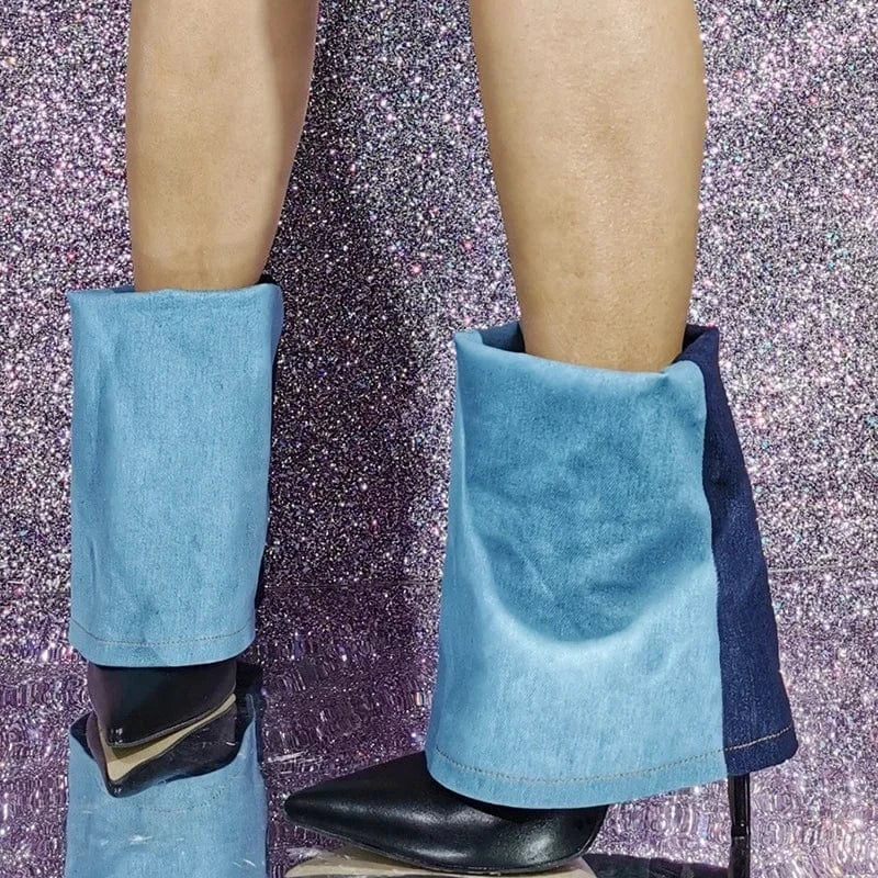 Large Size 47 Denim Patchwork Folded Short Boots Thin High Heels Pointed Toe Overlay Ankle Booties Women's Trend Shoes