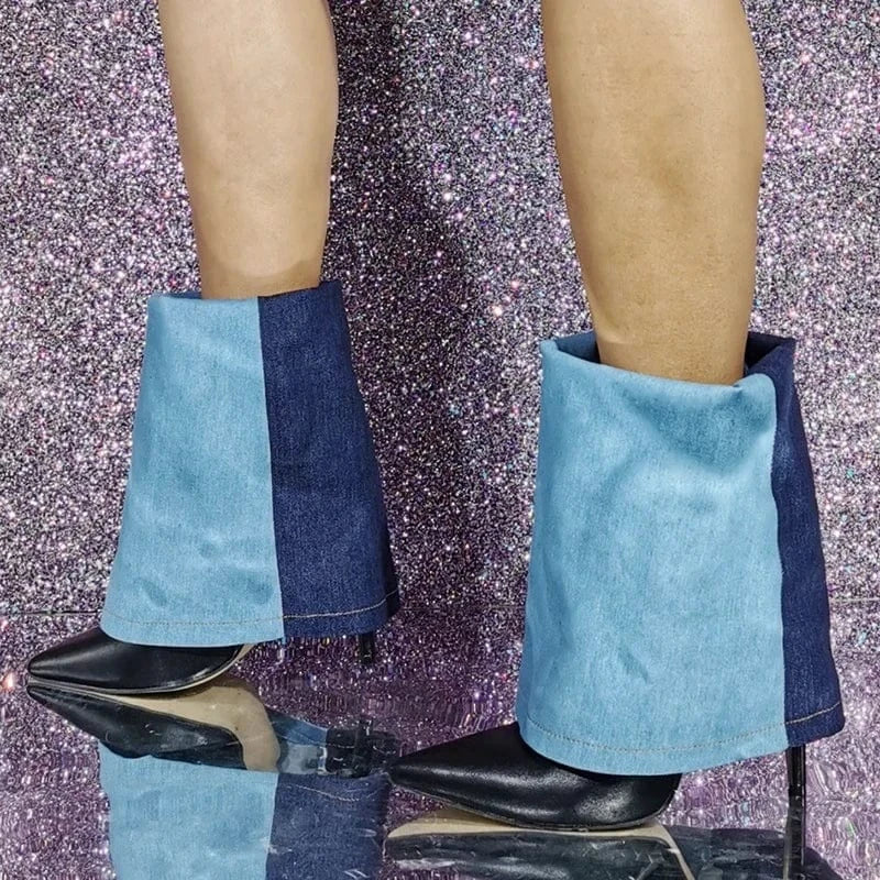 Large Size 47 Denim Patchwork Folded Short Boots Thin High Heels Pointed Toe Overlay Ankle Booties Women's Trend Shoes