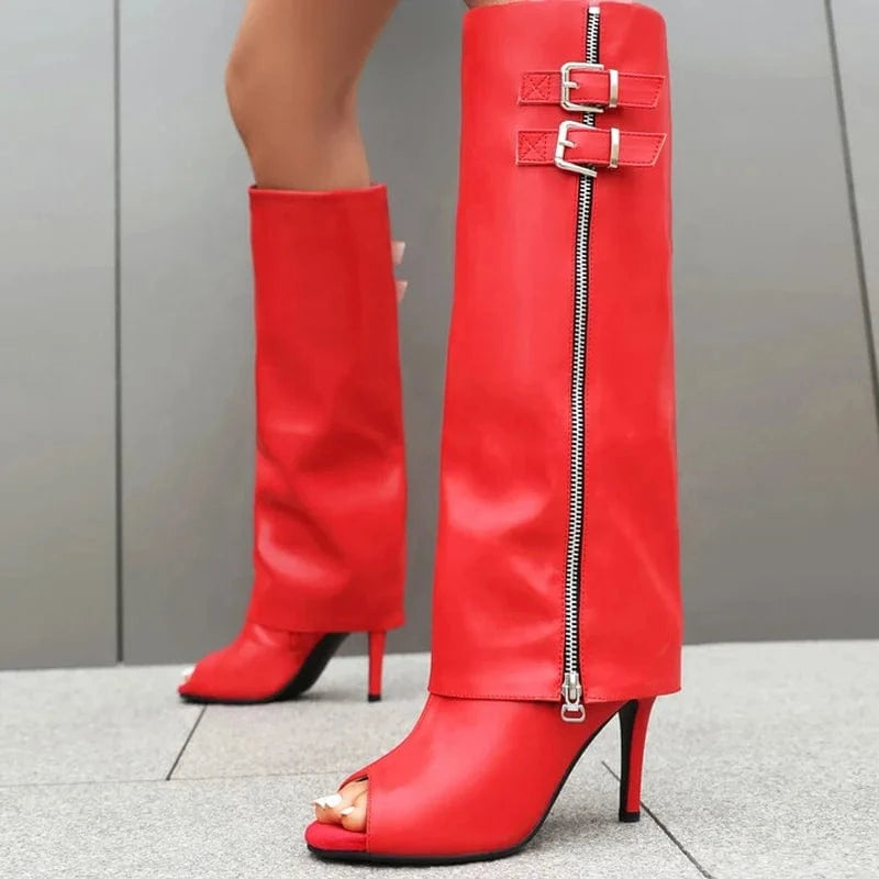 Large Size 48 Sexy Thin High Heels Peep Toe Shoes Side Zipper Stiletto Summer Pants Boots Women's Metal Belt Knee High Booties