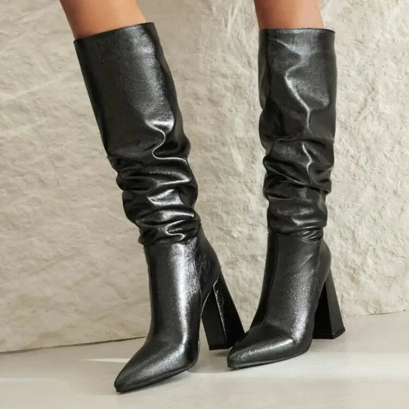 Large Size New Material Botas De Tacon Wrinkled Pleated Block Heel Sepatu Knee High Boots for Women