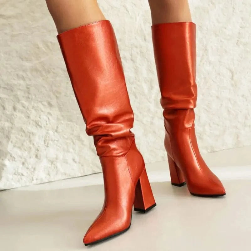 Large Size New Material Botas De Tacon Wrinkled Pleated Block Heel Sepatu Knee High Boots for Women