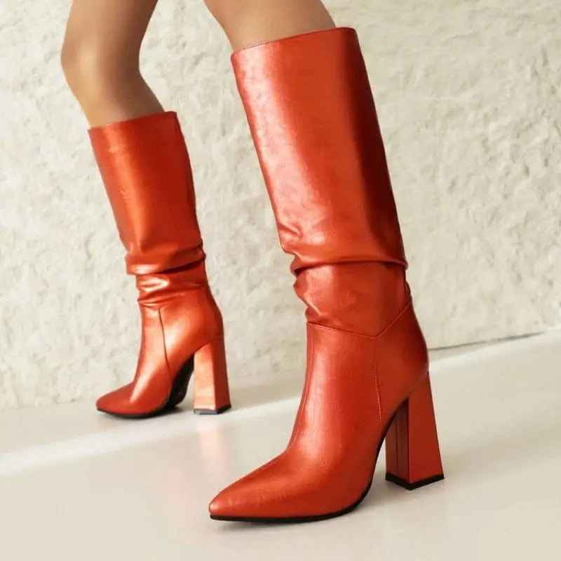 Large Size New Material Botas De Tacon Wrinkled Pleated Block Heel Sepatu Knee High Boots for Women