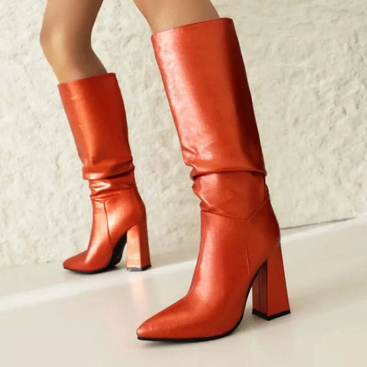 Large Size New Material Botas De Tacon Wrinkled Pleated Block Heel Sepatu Knee High Boots for Women
