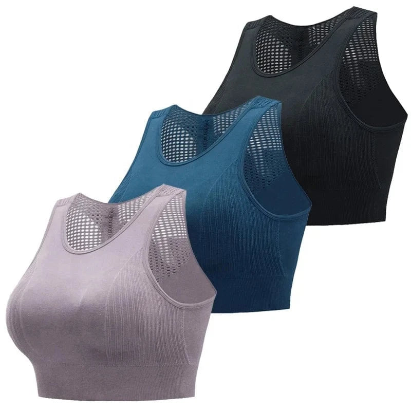 Large Size Wirefree Mesh Hollow Beauty Back Sujetador Deportivo Fitness Gym Yoga Bra High Impact Sports Bra Crop Top For Womens