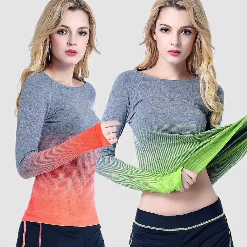 Large Size Yoga Wear Round Neck Seamless Sports Fitness Shirt Gradient Long Sleeves Running T-shirts For Womens
