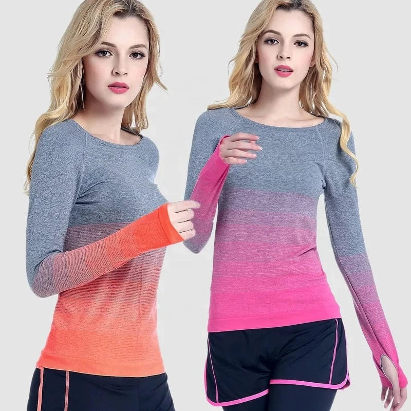 Large Size Yoga Wear Round Neck Seamless Sports Fitness Shirt Gradient Long Sleeves Running T-shirts For Womens