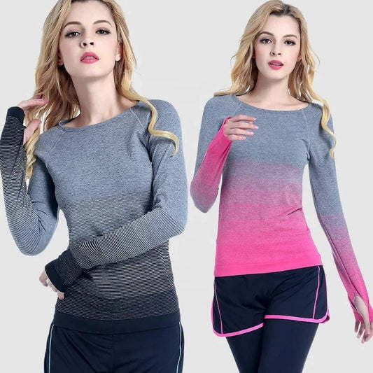 Large Size Yoga Wear Round Neck Seamless Sports Fitness Shirt Gradient Long Sleeves Running T-shirts For Womens