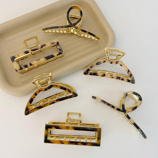 Large Tortoise Acetate Gold Metal Hair Ponytail Claw Matching Round Cross Rectangle Hair Accessories Claw Clip for Women