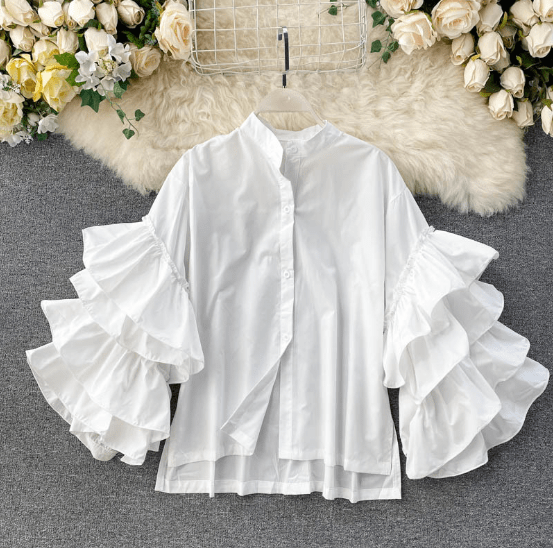 Latest Design Fashion Loose Ruffle Flare Sleeves Women Casual Blouse