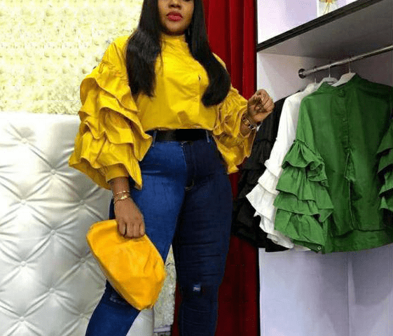 Latest Design Fashion Loose Ruffle Flare Sleeves Women Casual Blouse