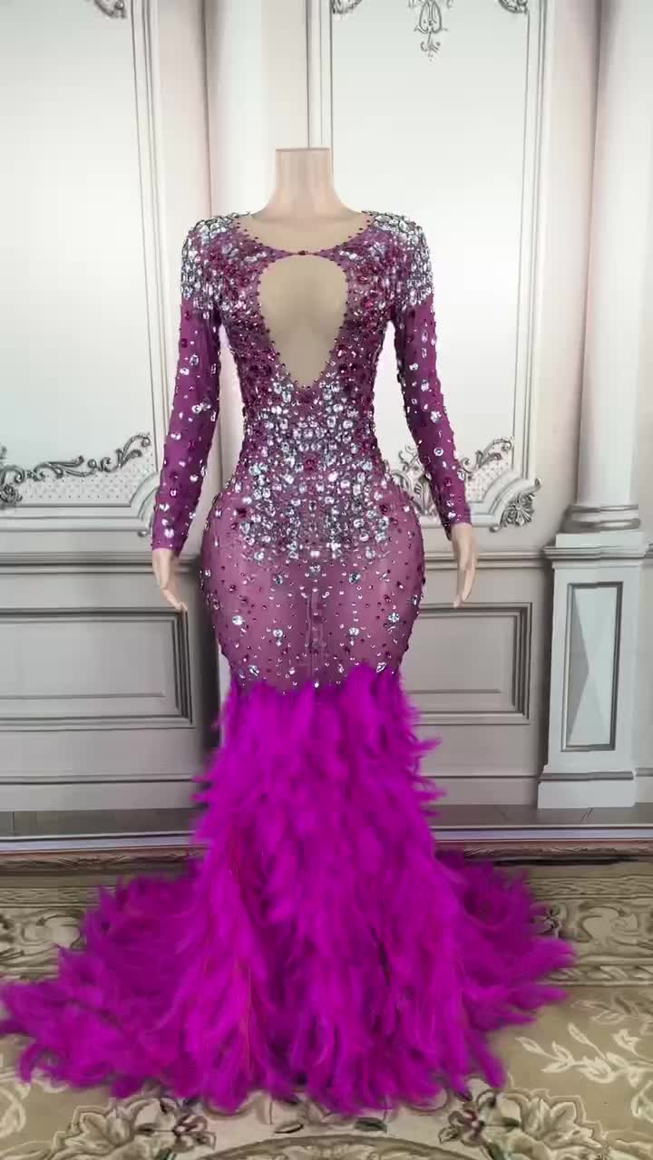 Latest Design Silver Crystal Purple Diamond Party Dress Purple Feather Maxi Standard Prom Dresses 2023 Evening Gowns Sexy