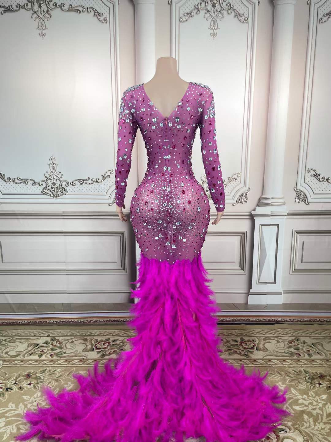 Latest Design Silver Crystal Purple Diamond Party Dress Purple Feather Maxi Standard Prom Dresses 2023 Evening Gowns Sexy