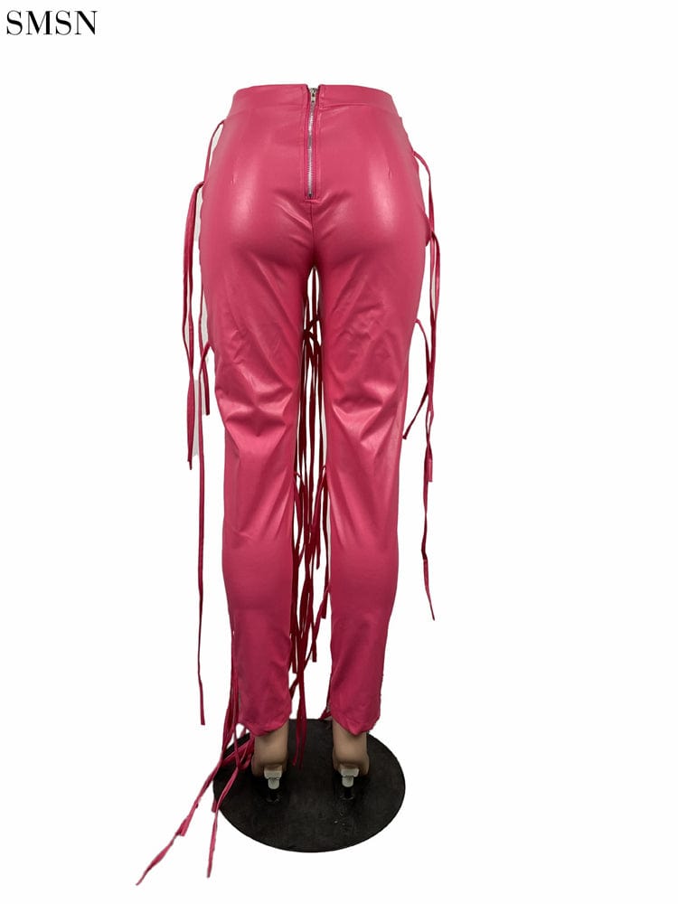 Latest Design Solid Color Fringed Zipper Leather Pants Casual Pants For Women
