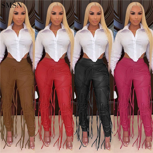Latest Design Solid Color Fringed Zipper Leather Pants Casual Pants For Women
